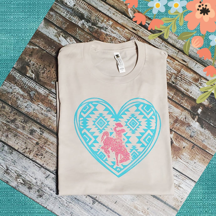 Aztec Bucking Horse & Rider®️ ~Spotted Cow~ Heather Dust Tee - My Wyo Designs