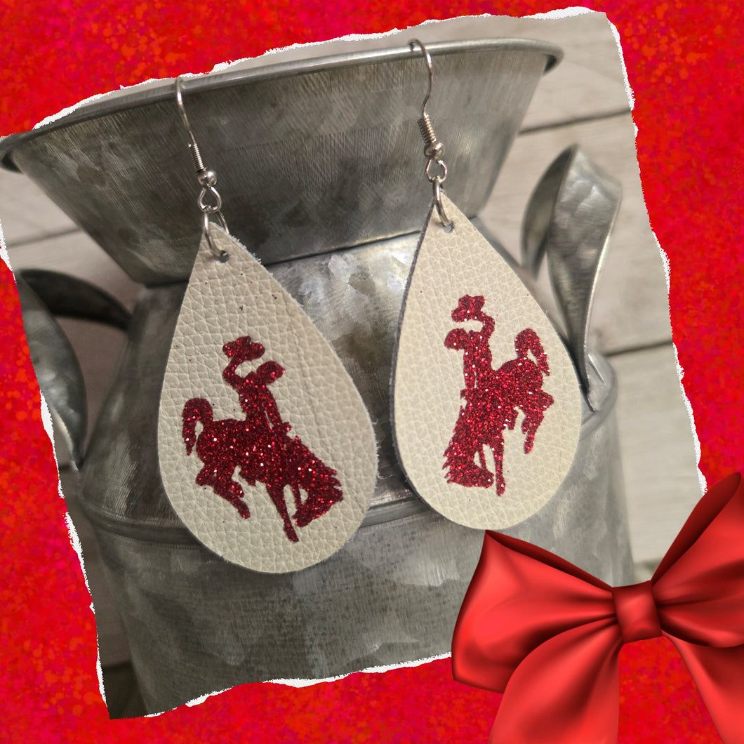 Bucking Horse & Rider®️ Leather Earrings  Nat/Red