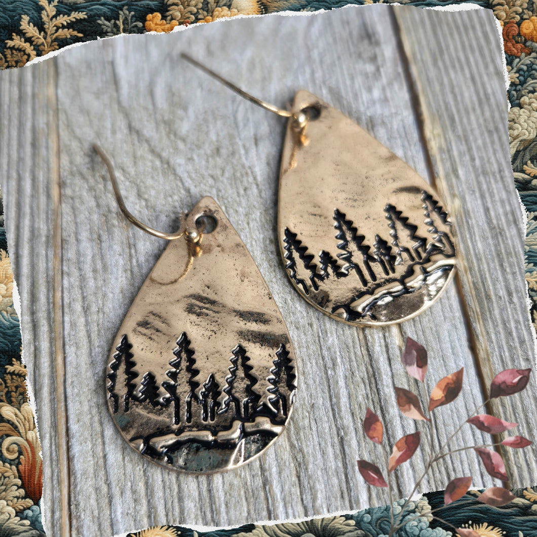 Gold Tone ~Trees in the Forest~ Teardrop Earrings