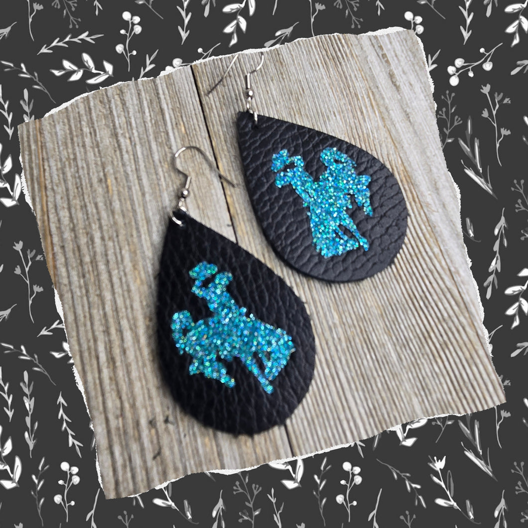 Bucking Horse & Rider®️ Leather Earrings Black & Teal