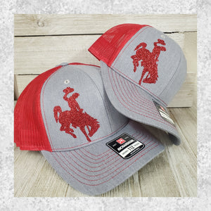 Red, WYO & Blue Bucking horse & Rider®️Trucker cap ~Grey - My Wyo Designs