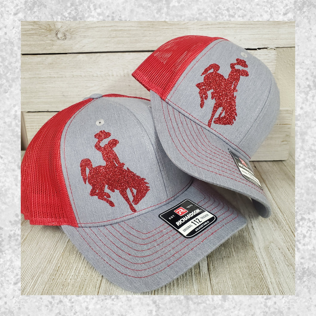 Red, WYO & Blue Bucking horse & Rider®️Trucker cap ~Grey - My Wyo Designs