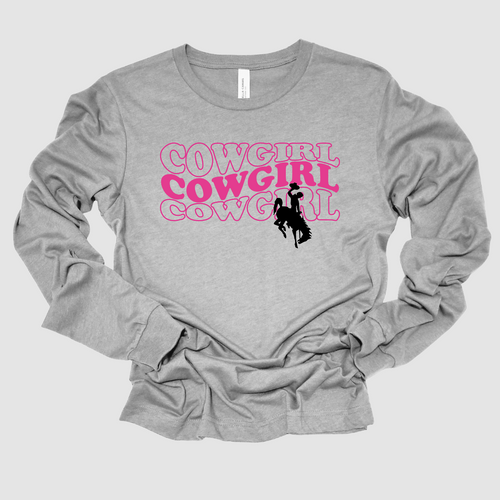 Cowgirl, Cowgirl, Cowgirl Long Sleeve Tee ~Grey (pre-order) - My Wyo Designs
