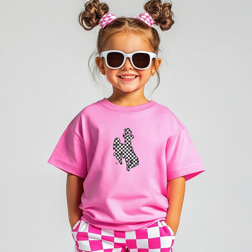 Checkered Bucking Horse ~  YOUTH ~ Neon Pink - My Wyo Designs