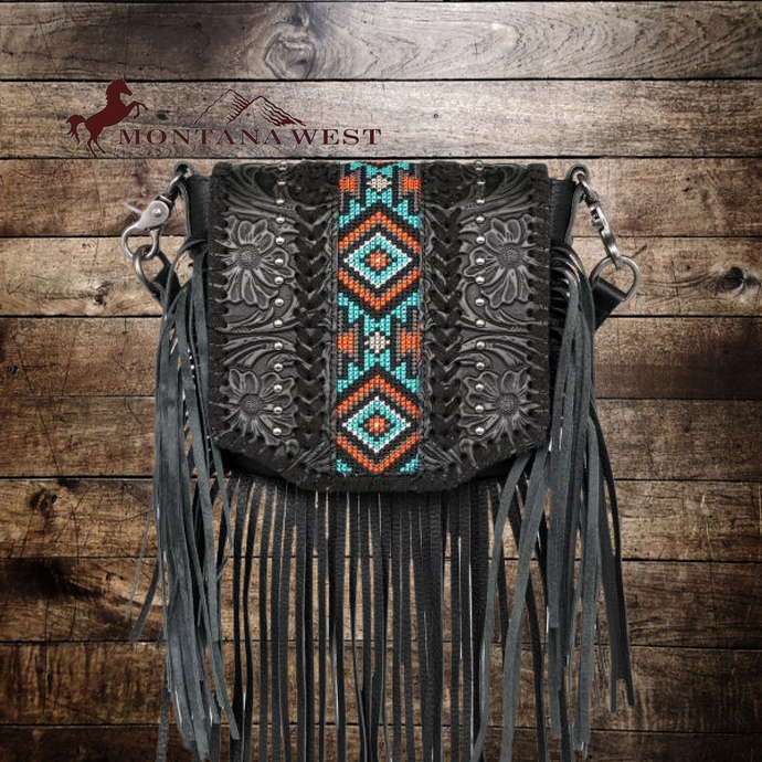 Aztec Fringe Leather Montana West Black Handbag - My Wyo Designs