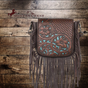 Turquoise and Brown Fringe Leather Hide Silver Concho Plate