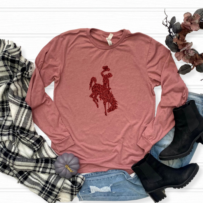 Steamboat~ Burgandy Glitter~ Bucking Horse ~ Long Sleeve Tee