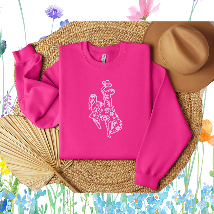 Floral Bucking Horse ~ Gildan Sweatshirt ~Heliconia - My Wyo Designs