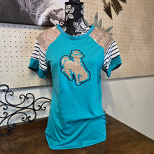 Load image into Gallery viewer, Champagne Glitter ~Bucking Horse ~ Jade Raglan Sleeve Tee