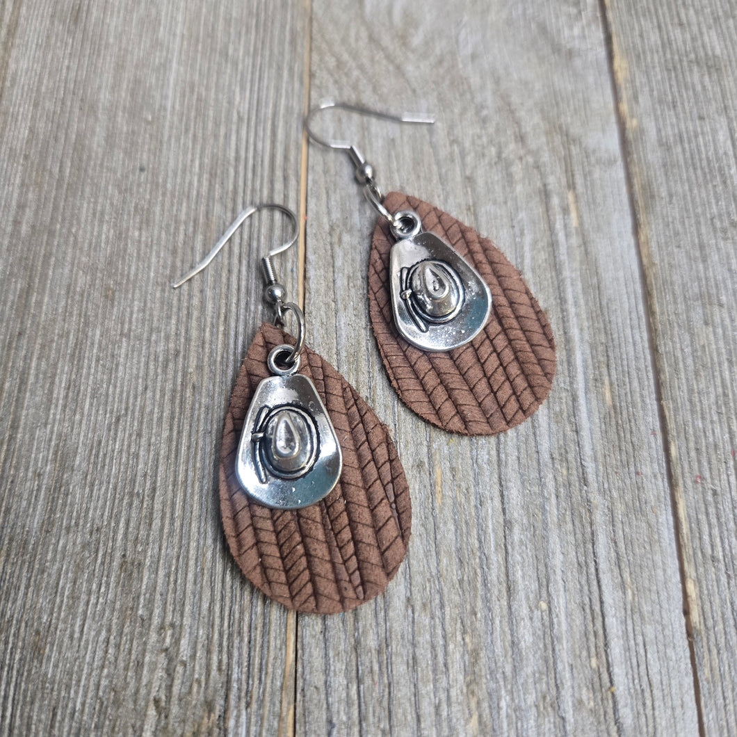 Itty Bitty Cowgirl Hat Leather earrings~ Brown - My Wyo Designs