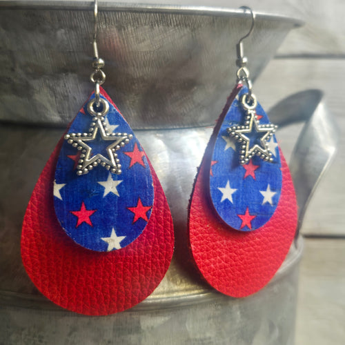 Stars Double Teardrop Leather earrings ~ Red & Royal