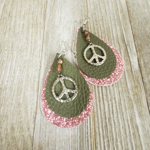Double Olive & Rose Gold Leather Peace Earrings - My Wyo Designs