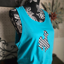Checkered Bucking Horse wide strap tank ~ Tahiti Teal - My Wyo Designs