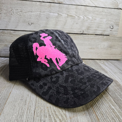 Black Leopard ~ Neon Pink Glitter ~Bucking horse & Rider®️ CC Criss-Cross Pony Cap