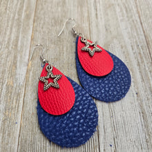 Patriotic Double Teardrop Leather earrings ~ Red & Royal w/star - My Wyo Designs