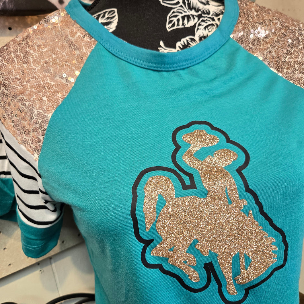 Champagne Glitter ~Bucking Horse ~ Jade Raglan Sleeve Tee