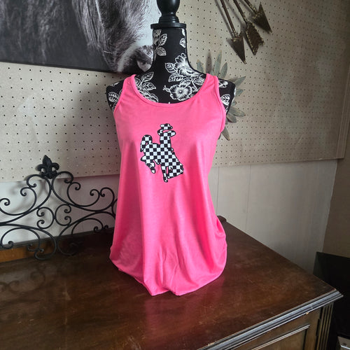 Checkered Bucking Horse Flowy Tank ~ Neon Pink - My Wyo Designs
