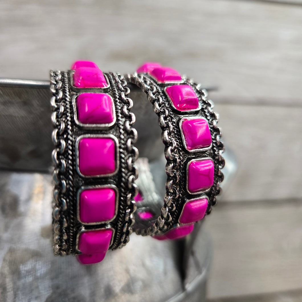 Hot Pink Stone Western Hoops
