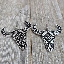 Aztec Silver & Black Steer Skull Earrings