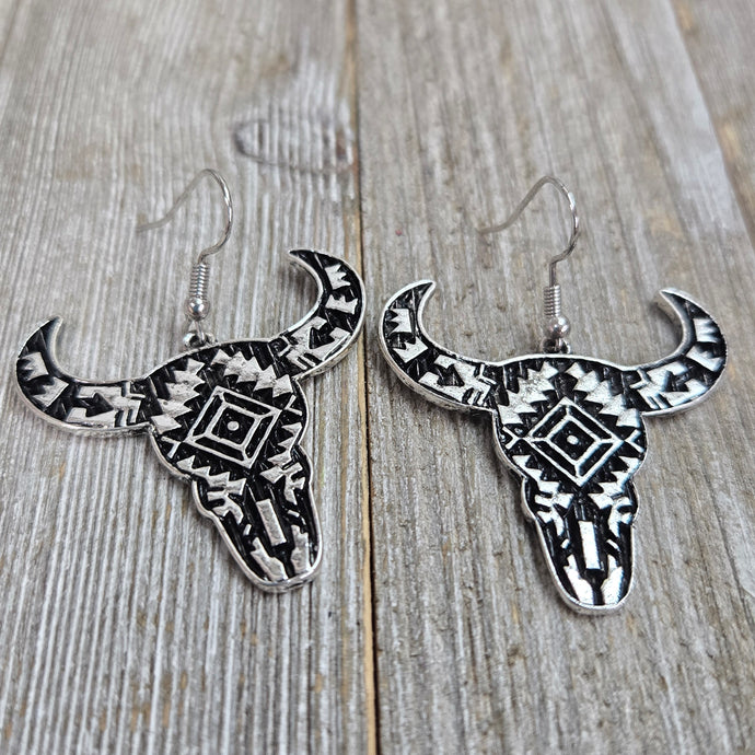 Aztec Silver & Black Steer Skull Earrings