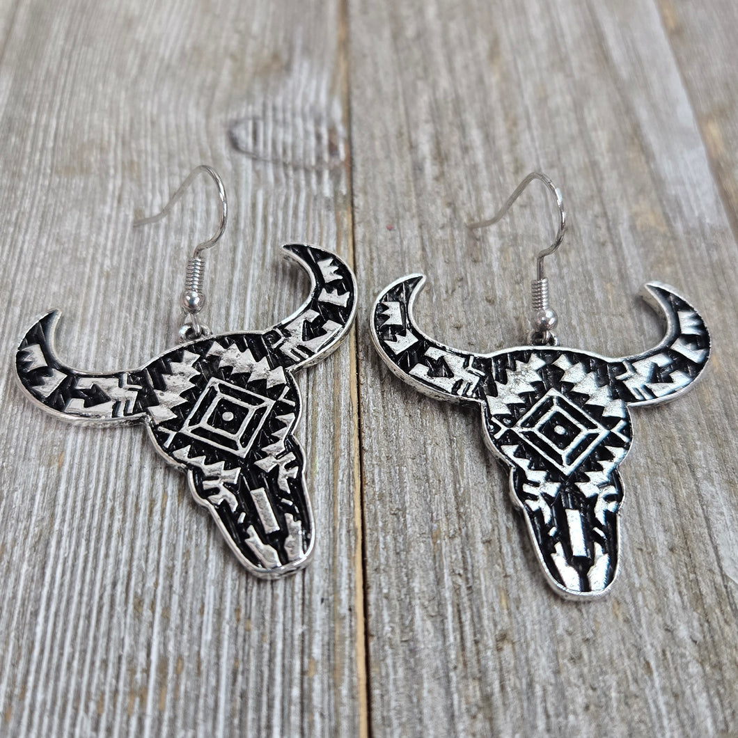 Aztec Silver & Black Steer Skull Earrings