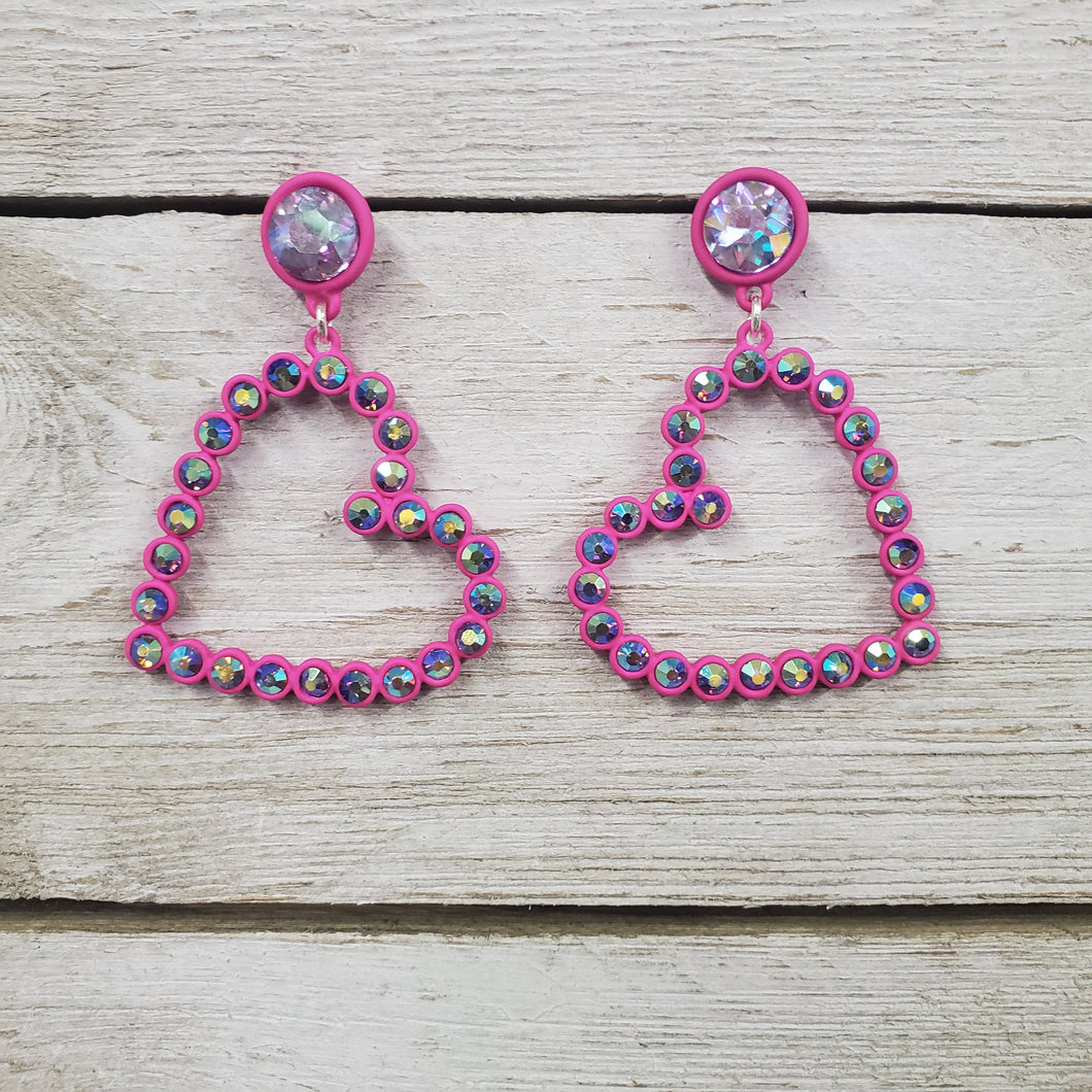 Bright Pink Rhinestone Heart Dangle Earrings - My Wyo Designs