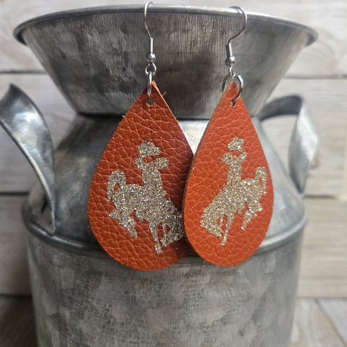 Bucking Horse & Rider®️ Leather Earrings~ Rust & Champagne Glitter - My Wyo Designs