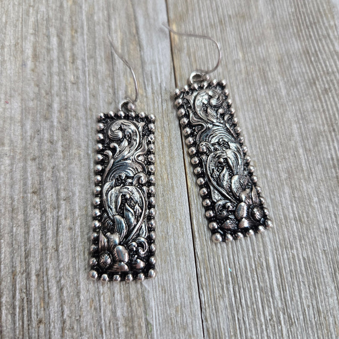 Silver Etched Bar Earrings