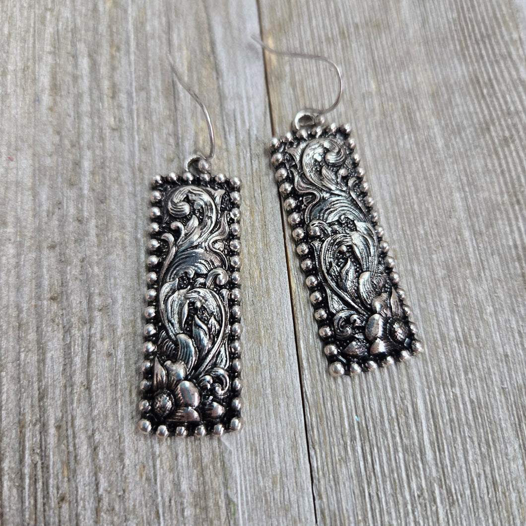 Silver Etched Bar Earrings