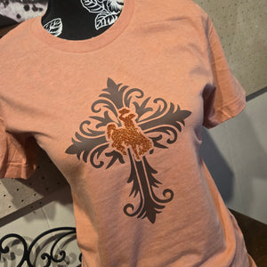 Scrolled Cross & Steamboat~ Heather Sunset Bella Tee
