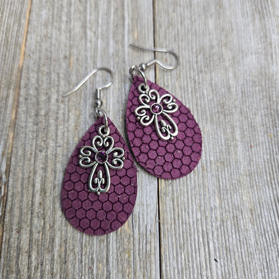 Itty Bitty Scrolled Cross Leather earrings~ Plum - My Wyo Designs