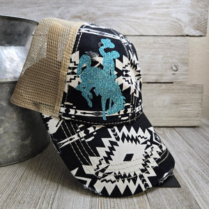 Black & White Teal Bucking horse & Rider®️ CC Ponytail Cap