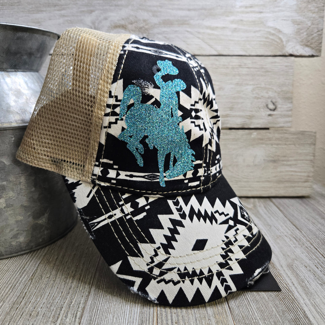 Black & White Teal Bucking horse & Rider®️ CC Ponytail Cap