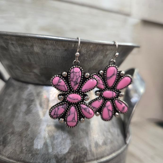 Pink Stone Western Half Floral Earrings