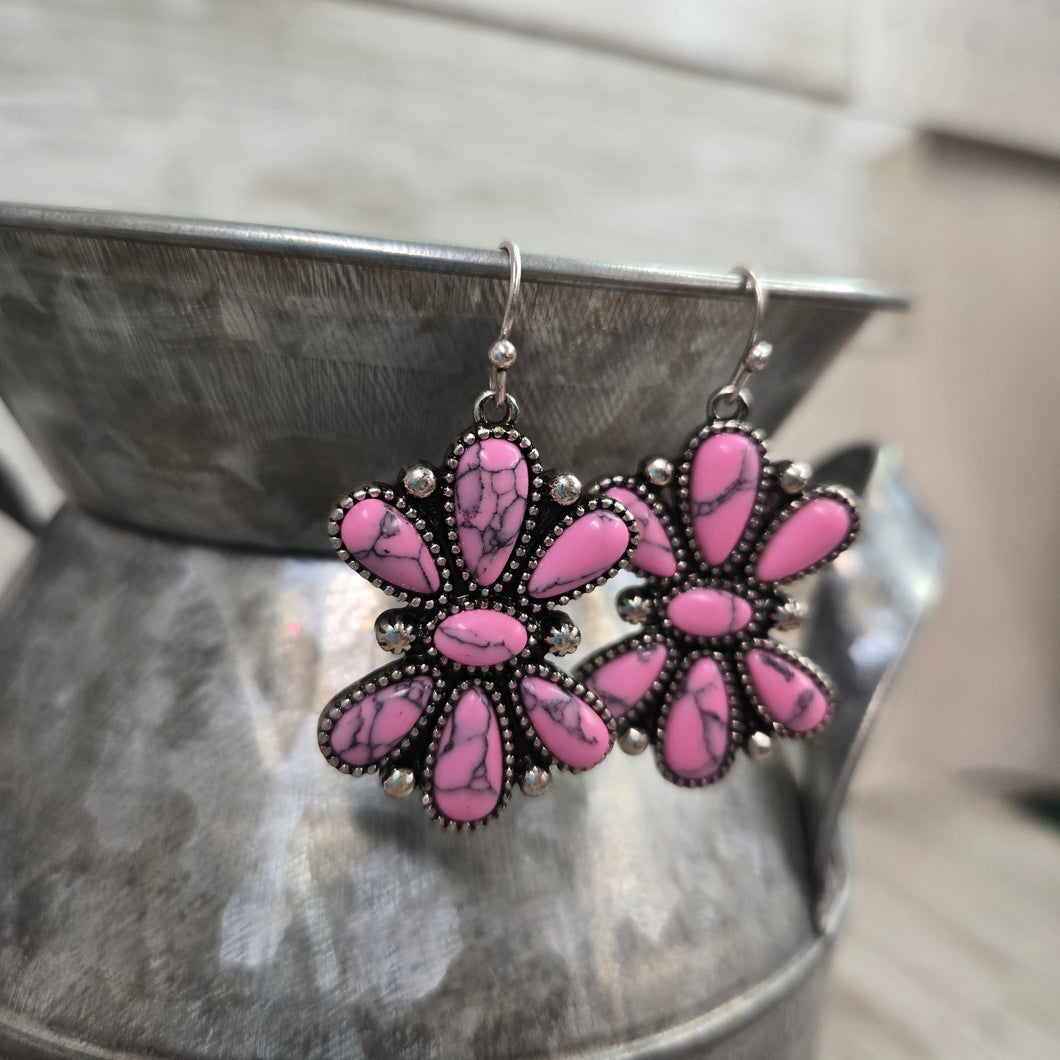 Pink Stone Western Half Floral Earrings
