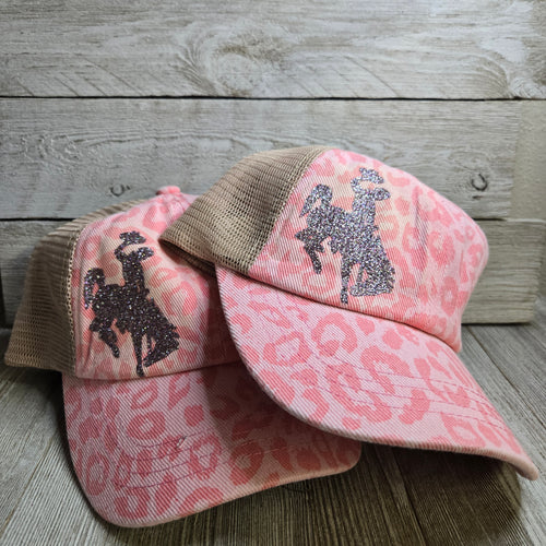 Pink Leopard ~ Pink Confetti Glitter ~Bucking horse & Rider®️ CC Criss-Cross Pony Cap - My Wyo Designs
