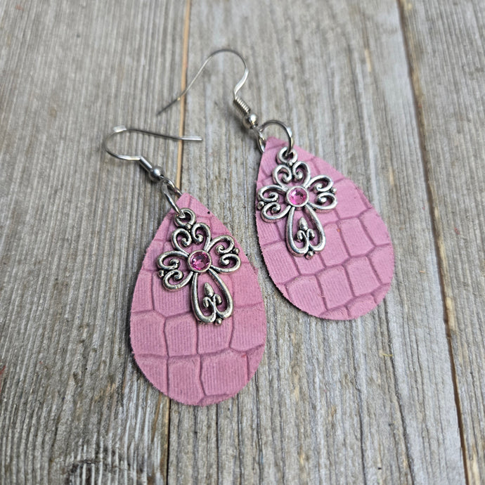 Itty Bitty Scrolled Cross Leather earrings~ Light Pink - My Wyo Designs