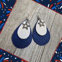 Patriotic Double Teardrop Leather earrings ~ White & Royal w/star - My Wyo Designs