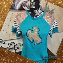 Load image into Gallery viewer, Champagne Glitter ~Bucking Horse ~ Jade Raglan Sleeve Tee