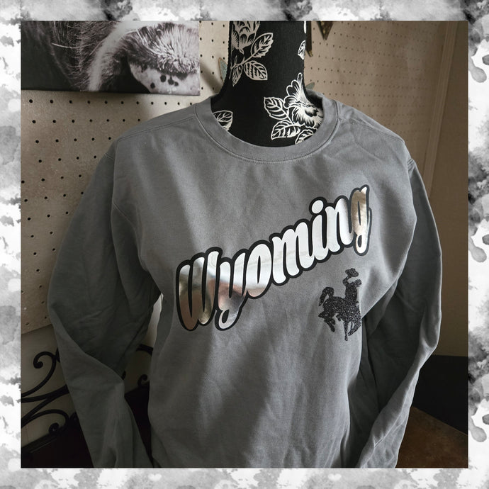 Metallic Silver Wyoming ~ Charcoal Comfort Colors Sweatshirt (pre-order) - My Wyo Designs