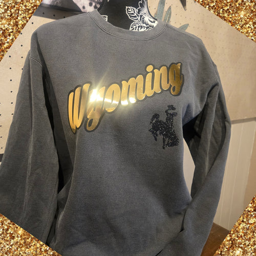 Metallic Gold Wyoming ~ Charcoal Comfort Colors Sweatshirt or Tee