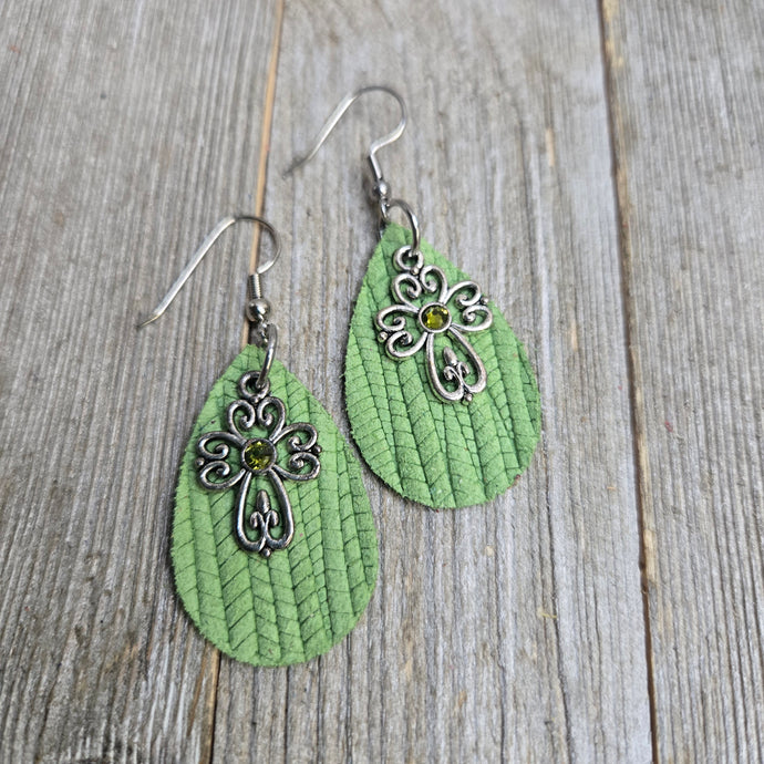 Itty Bitty Scrolled Cross Leather earrings~ Leaf Green - My Wyo Designs