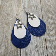 Patriotic Double Teardrop Leather earrings ~ White & Royal w/star - My Wyo Designs