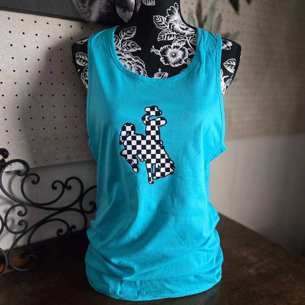 Checkered Bucking Horse wide strap tank ~ Tahiti Teal - My Wyo Designs