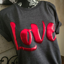 Metallic Red Puff LOVE ~ Heather Dark Grey Bella Tee