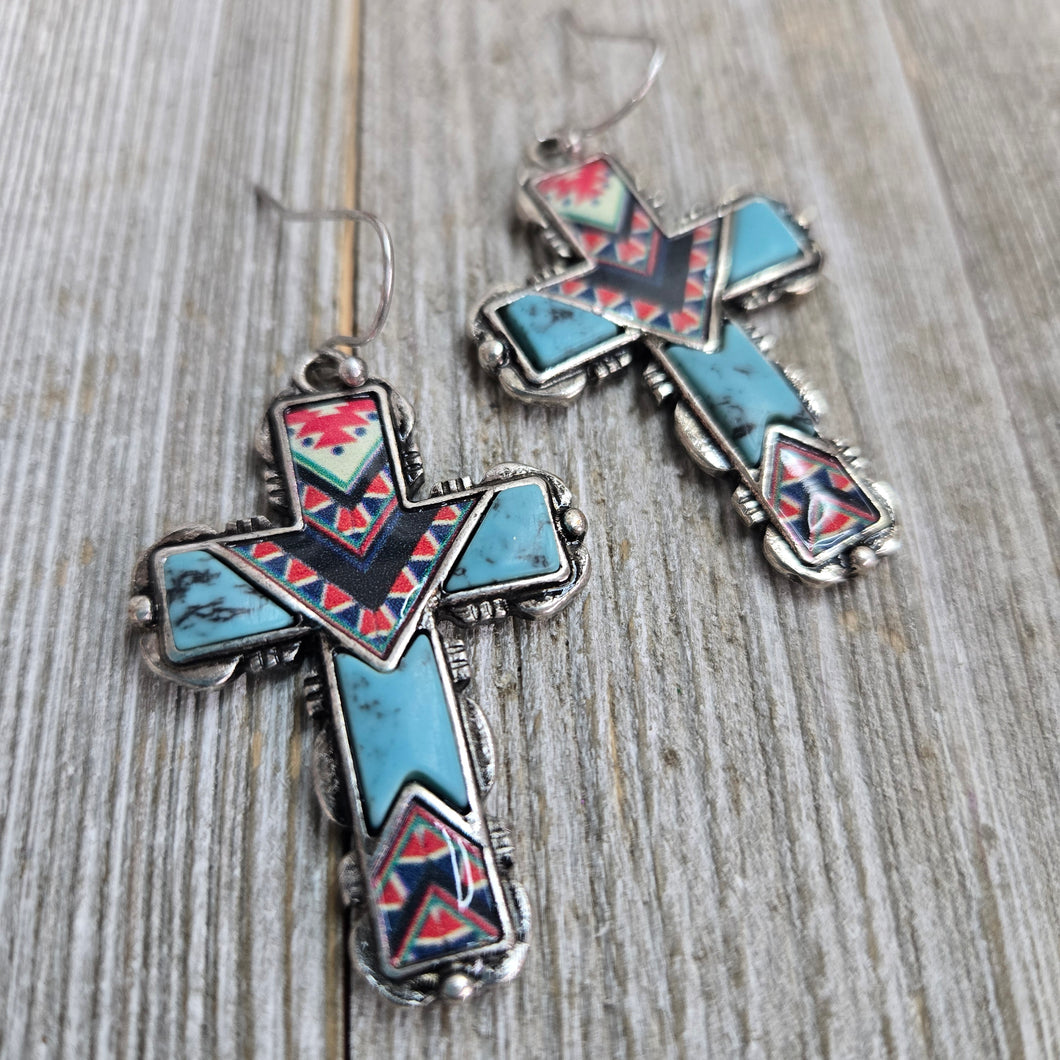 Aztec Cross Red & Turquoise Earrings