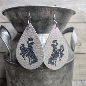 Bucking Horse & Rider®️ Leather Earrings~ Light Grey & Pewter Glitter - My Wyo Designs