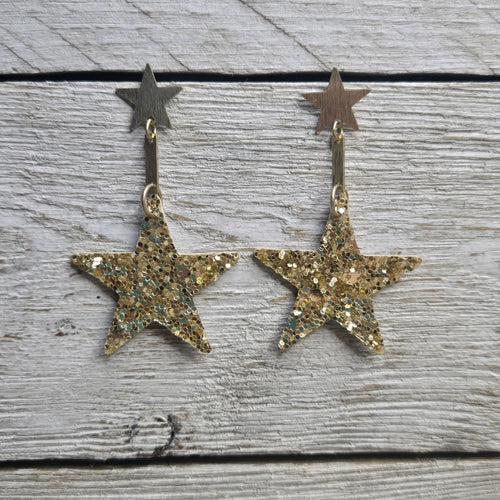 Gold Glitter Double Star Earrings - My Wyo Designs