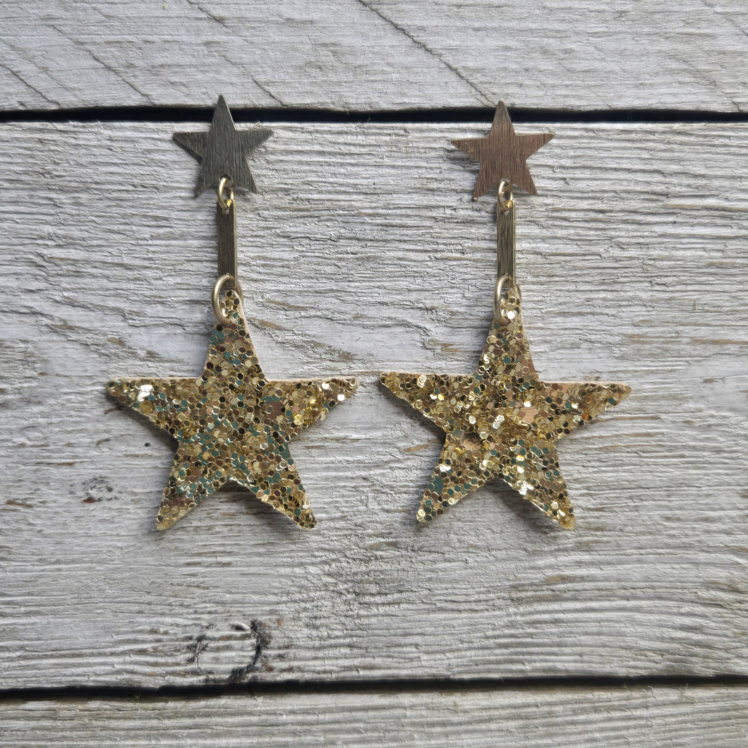 Gold Glitter Double Star Earrings - My Wyo Designs