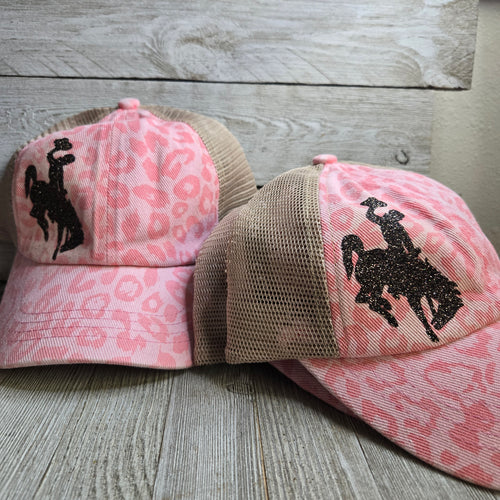 Pink Leopard ~ Brown Glitter ~Bucking horse & Rider®️ CC Criss-Cross Pony Cap - My Wyo Designs